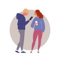 Guy in hoodie and girl in oversized sweater hold their smartphones in their hands and discuss news from the Internet. Vector flat